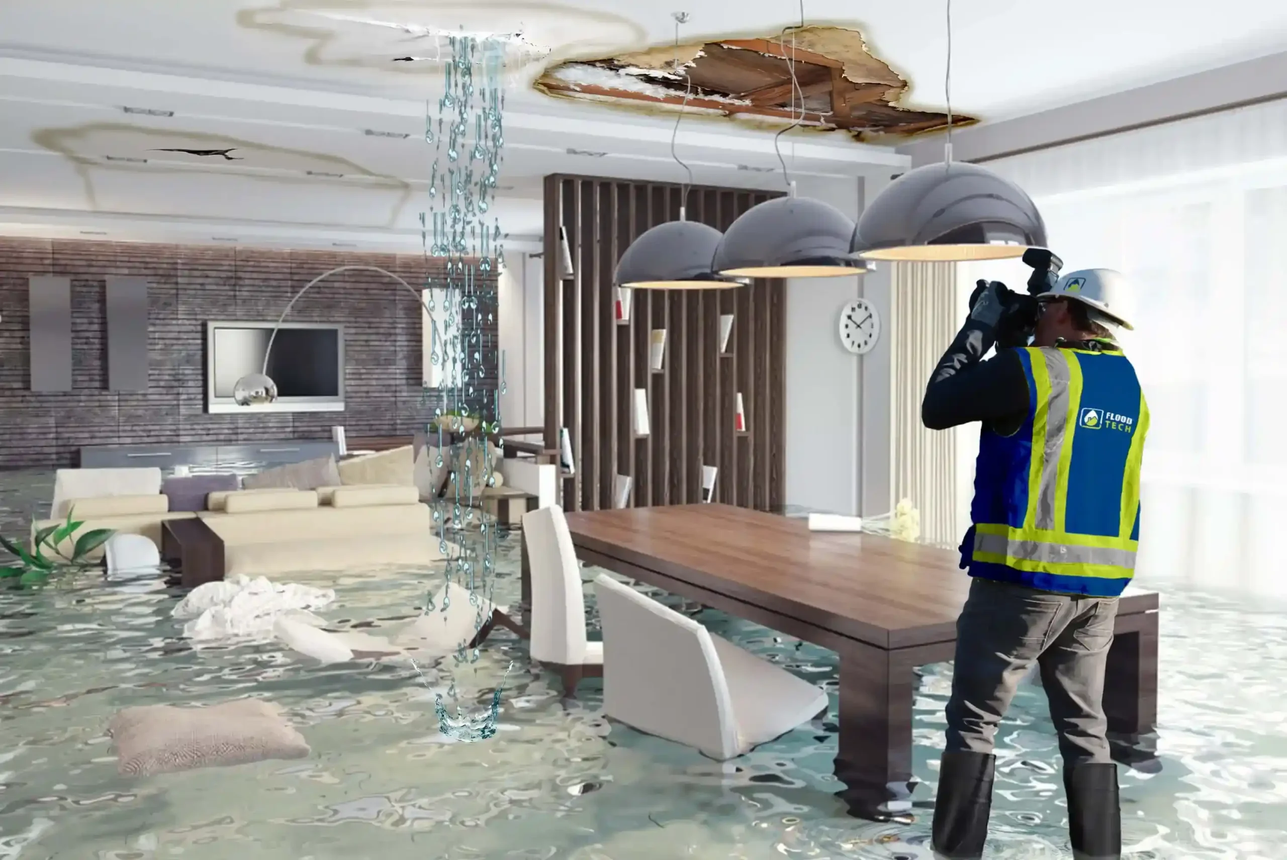 flood technician photographing Flood Damage for water damage restoration service quote scaled